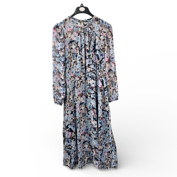Banana Republic Navy Floral Chiffon Midi Dress | Size -Medium Petite - Picture 2 of 5